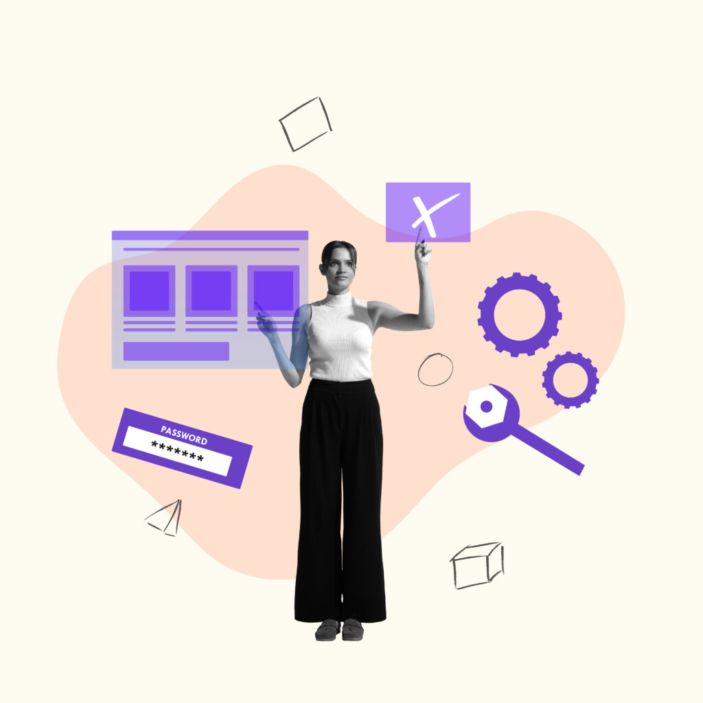 Creative conceptual design. Young business woman, IT specialist working with company system. Development. Analytics and security 