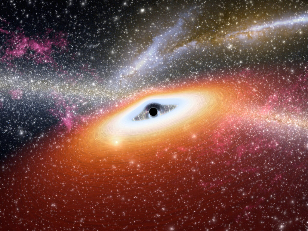 This artist s conception illustrates one of the most primitive supermassive black holes known (central black dot) at the IMAGO/piemags