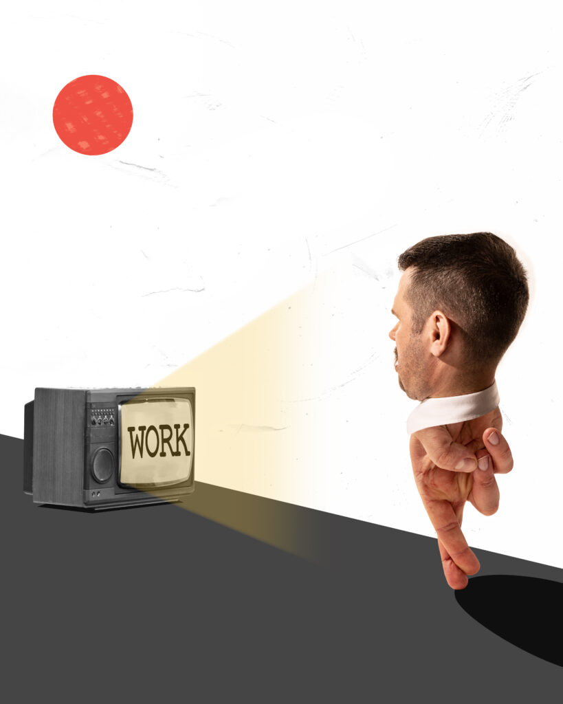 Conceptual creative art collage with huge man's head on human hand instead body and legs like office manager, white collar watching retro tv set. 